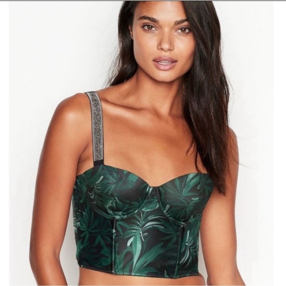 RARE Victoria's Secret Very Sexy Satin Palm Leaf Shine‎ Strap Bustier Bra 32DD